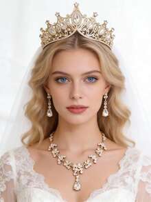 4pcs Elegant Rhinestone Queen Crown Necklace Earrings Set, Bridal Wedding Crown Hair Accessories, Women Party Occasion Jewelry Decoration Valentine's Day Accessories - HG057-TL150 - 查看 2