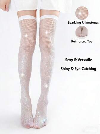 1 Pair Women's White Rhinestone Embellished Sexy Fishnet Thigh High Socks, Essential For Parties And Music Festivals