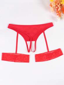 Women's Red Sexy Open Crotch Lace Patchwork Garter Belt And Thong Panty Set - Red - View 3