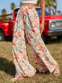 女士宽松条纹休闲时尚抽绳系结口袋松紧腰裤，适合度假和居家穿着 - 花色 - 查看 4