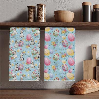MEMNUN 2pcs Easter Watercolor Bunny Holding Eggs Printed Kitchen Towels, 15.75*23.62in (40*60cm) Super Absorbent Microfiber Hand Towels, Dish Cloths, Home, Kitchen, Bathroom Decor, Seasonal Easter Decoration