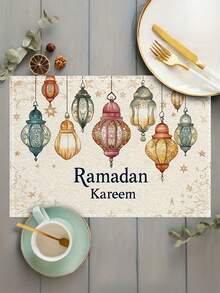 14/6/8/10件装斋月灯笼和星星图案餐垫，可机洗，耐热，高品质易清洁，可用于餐桌装饰、节日派对布置、桌面保护，也可作为礼物。 - 彩色 - 查看 6