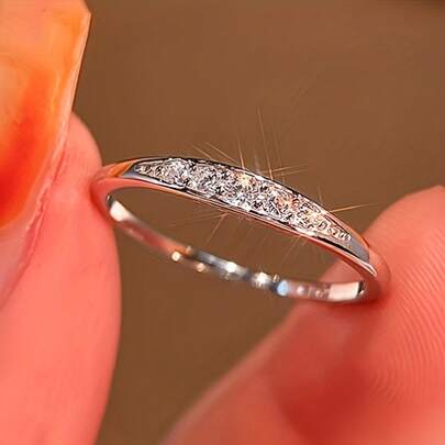 Teenage Micro-Paved Shiny Synthetic  Thin Band Ring - Elegant Stackable Synthetic  Jewelry, Chrome-Plated, Minimalist Design, Suitable For Daily Wear, Parties, Weddings, And Anniversaries - Durable And Versatile Gift For Her