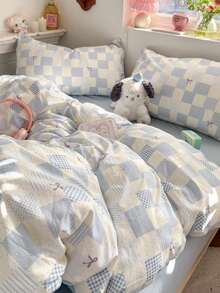 Checkerboard Print Bedding Set, Blue & White Duvet Cover With Zipper Design, Polka Dot Bow Soft 4-Piece Set Including 1*Duvet Cover + 1*Flat Sheet + 2*Pillowcases, Super Soft Polyester Fiber, Suitable For Teenagers And Adults, Machine Washable, Duvet Cover And Pillowcases Without Filler - Baby Blue - View 7