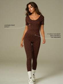 UONNOU 1 Piece, Women's Sportswear, Bodysuit/Shapewear. One-Piece Garment, Sportswear, Shapewear, Tight-Fitting Clothing, Casual Wear, Loungewear, Sexy Backless Design, Back Enhancement, Wide Round Neck Short Sleeves, Peach-Shaped Buttock Lifting, Waist Slimming And Tummy Control, Leg Shaping And Slimming, Sports Tight-Fitting Bodysuit, Brown Leopard Print, Seamless Knitted Soft Fabric, Suitable For Sports And Outdoor Activities, Yoga, Light Exercise, Gym, Running, Casual Daily Wear, Commuting, Parties, Festivals, Etc. Fashionable Sports And Outdoor Set, All-Season, Spring/Summer Style. - Nhiều màu - Xem 2