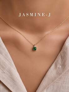 This 925 Sterling Silver Necklace Features A Square-Shaped Pendant Inlaid With Emerald And Cubic Zirconia, Plated With 14K Gold. The Design Is Simple Yet Elegant, Suitable For Everyday Wear. - Multicolor - View 1