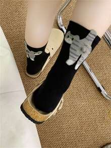 半双装趣味猫咪毛球舒适中筒袜，四季皆宜