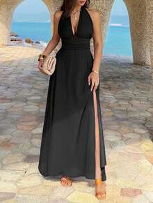女士性感吊带深V领露背系腰高开衩连衣裙，优雅适合度假和派对 - 黑色 - 查看 8