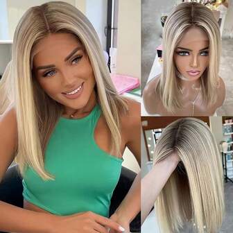 Peluca sintética de fibra premium de 13x4 con encaje frontal para mujeres, corte bob corto hasta los hombros, sin pegamento, color rubio ceniza miel, para uso diario, con línea del cabello previamente desgastada, ideal para fiestas y cosplay