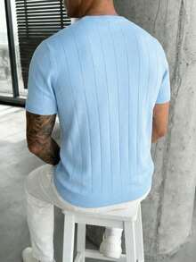 GRDR Herr Lös Tunn Ribbad Rund Halsad Stickad Kortärmad Sommartröja - Babyblå - Visa 2