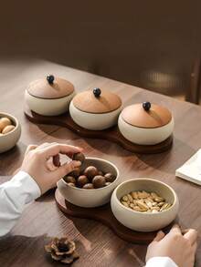 1件复古中式木质陶瓷盖碗，日式复古分隔式零食干果托盘，简约餐盘，适用于客厅、茶几、餐厅、咖啡馆、节日、聚会等场合 - 彩色 - 查看 6