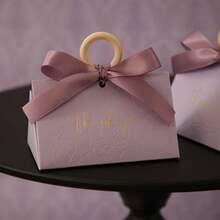 Wedding Candy Box With Embossed Floral Pattern, High-End Wedding Candy Box, Handheld Wedding Candy Bag, Small Gift Packaging Box With Ribbon And Plastic Ring - Purple - View 4