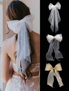Cream Bowknot Mesh Hair Clip, Ethereal Hairpin With Mesh Ribbon And Pearl Butterfly, Elegant For Wedding, Bridal, And Feminine Style - Multicolor - View 15