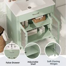 MERAX 30 Inches Bathroom Vanity With Tempered Glass, Modern Bathroom Cabinet With Rubber Wood Legs And Soft Close Doors, Green - 薄荷綠 - 查看 7