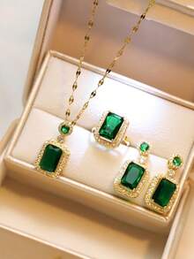 4PCS Sets Exquisite Quadrate Rhinestone Necklace Earrings Ring Jewelry Set Charm Ladies Jewelry Fashion Bridal Gifts - Square - View 3