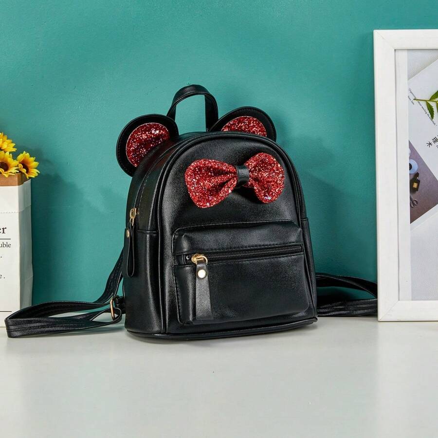 Mochila para niñas, con lazo, gran capacidad, cierre de cremallera, informal, con orejas - Negro - Ver 1