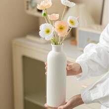 Modern Ceramic Vase Set, White Ribbed Matte Design, 3-Piece Decorative Vases For Home, Living Room, Office (White) - 白色 - 查看 5