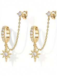 Fashionable Star Shaped Double Pierced Chain Earrings, Suitable As Jewelry Gift For Parties And Friends
