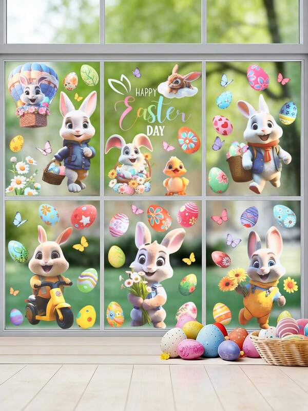 9pcs Easter Bunny Window Clings, Waterproof Easter Bunny Pattern Wall Stickers For Easter Room Decor, Happy Easter, Easter Cabinet, Pillar, Fridge, Door Decorative Stickers, Easter Party Background Decor, Easter Bedroom, Living Room, Dining Room, Kitchen Decor, Happy Easter Decorations, Rabbit Decor For Shop Glass Wall, Home Rabbit Decor, Room Decor, Rabbit Gift