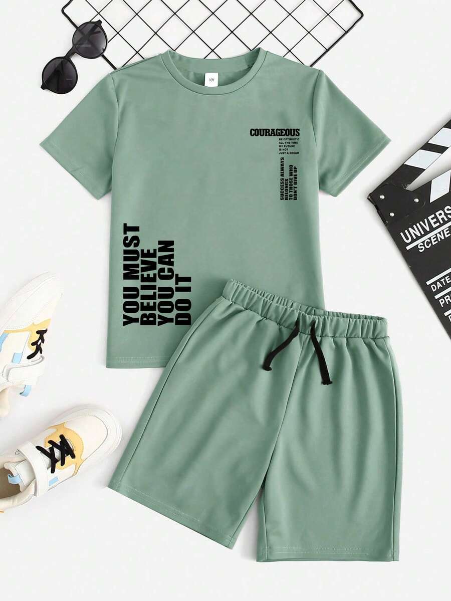 Bộ áo thun in chữ và quần short cạp chun cho bé trai tuổi teen. - màu xanh lá - Xem 1