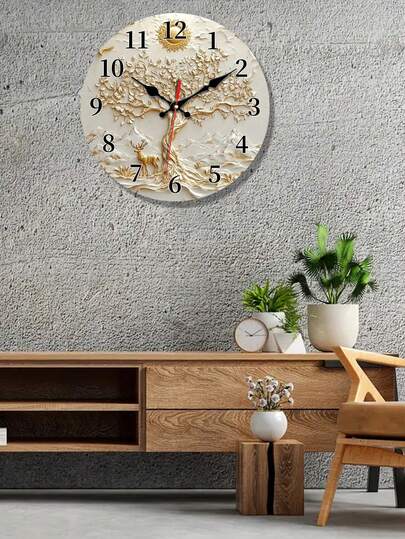 Relógio de parede de madeira com tema da Árvore da Vida dourada, design silencioso, decorado com padrões de sol, veado e montanha. Ideal para sala de estar, quarto, cozinha, escritório e decoração moderna. Perfeito para o Natal, Ano Novo e aniversários.