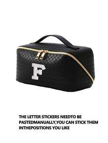 1个PU皮革化妆收纳包，字母图案，防水便携，AB水钻，仿珍珠字母拉链设计，新娘化妆包，化妆包，洗漱包，收纳袋，简约风格，可定制贴纸，旅行化妆包，女士浴室洗漱包（字母A~Z），送给妈妈的礼物，沙滩包，返校必备 - 彩色 - 查看 36