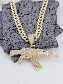 1 pezzo Collana da uomo alla moda in stile hip hop con pendente a forma di fucile AK placcato in oro 14K con strass, adatta per uso quotidiano e per feste - Dorato - Visualizzare 14