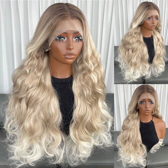 13x4 syntetisk peruk med spetsfront, ombre guld, 24 tum lång, vågigt lockigt, limfritt kanekalonmaterial, hållbar syntetisk peruk, fri del, 150 % densitet, lämplig för kvinnors vardagsbruk, naturligt mjukt utseende, lätt att bära och ta bort, nybörjarvänlig