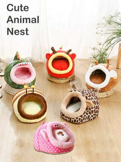 1pc Fabric Animal Shaped Soft Semi-Enclosed Hamster/Guinea Pig Nest, Suitable For Small Pets, All Season