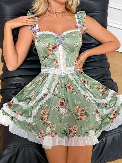 Floral Print Mini Skirt And Shorts Costume For Cosplay