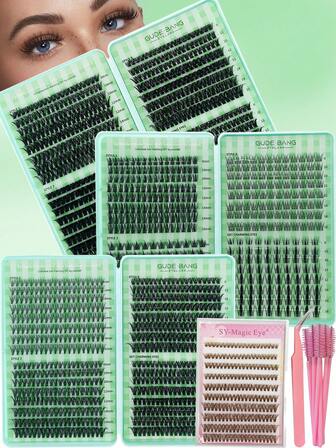 开斋节双盒装，840簇假睫毛套装，自然D卷，长度8-16mm混合，40D棕色DIY单根假睫毛，厚度0.07mm，附赠10支睫毛刷和镊子，适合初学者打造自然嫁接睫毛效果
