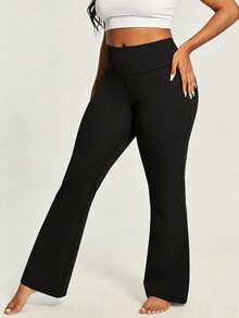 大码女式喇叭运动裤，显瘦时尚高腰弹力休闲打底裤，前后口袋，修身剪裁，黑色春季款 - 黑色 - 查看 3