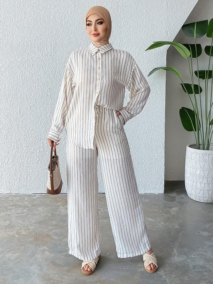 DAZY 秋冬新款宽松休闲条纹女式两件套春季家居服套装 - 卡其色 - 查看 1