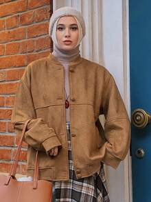 DAZY Women's Suede Collar Loose Open Front Casual Jacket - Rust Brown - View 7