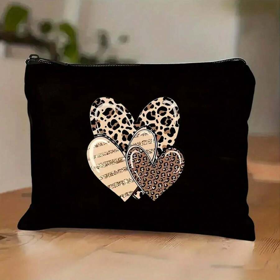European And American Style Leopard Print Heart-Shaped Makeup Bag For Women, Portable Large-Capacity Travel Storage Bag, Silver Zipper, High-End Beauty Bag - 黑色 - 查看 1