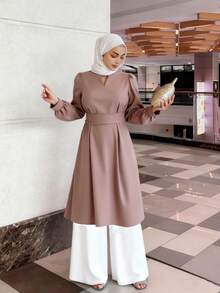 DAZY Women Solid Color Hollow Out Balloon Sleeve Dress,Fall Clothes,Back To School Clothes Long Sleeve Dress Maxi Dress - Brown - View 2