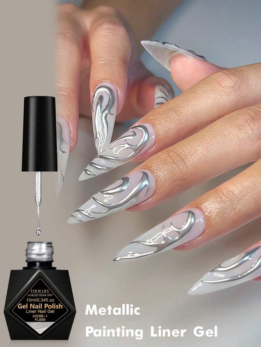 FOUR LILY 10ml Y2K Metallic Line Art Nail Polish Set, Gold & Silver Ultra-Bright Mirror Line Art Nail Gel, Semi-Permanent Line UV Nail Gel, Suitable For French Manicure, Home DIY Nail Art, Hair Salon, Women's Gift - 銀色 - 查看 1