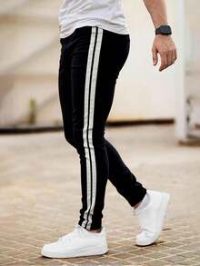 男士侧条纹休闲弹力修身牛仔裤，美式街头风牛仔裤 - 黑色 - 查看 3