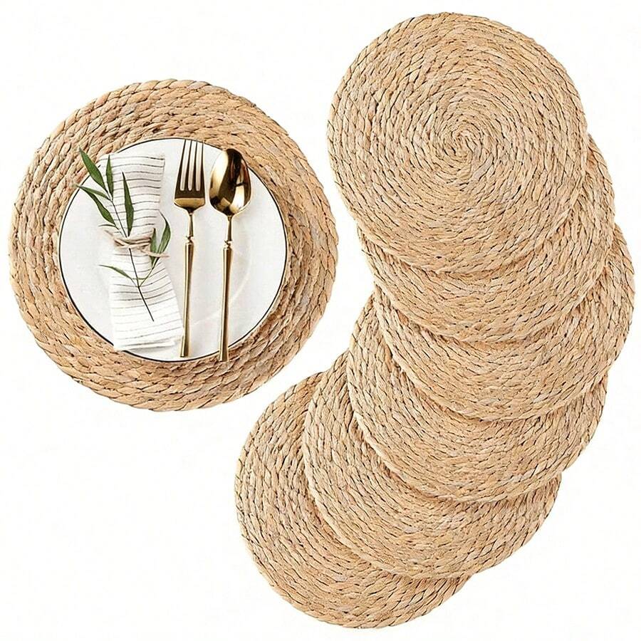 Round Natural Woven Placemat, Heat-Resistant And Easy To Clean, Wooden Material, Suitable For Home, Office Or Restaurant, Office Tableware, Rustic Style Tableware, Easy To Clean - Multicolor - View 1