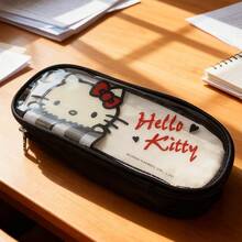 Miniso Túi đựng đồ hai lớp Sanrio Hello Kitty màu đen trong suốt, thiết kế ghép nối, họa tiết kẻ caro, in hình hoạt hình, dung tích lớn, túi phân loại đồ dùng văn phòng phẩm và mỹ phẩm, túi đựng đồ dùng hàng ngày cho học sinh đi làm (1 chiếc) - màu đen - Xem 5