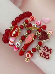 5件情人节软陶珠心形吊坠手链，情侣款 - 弹性拉力珠