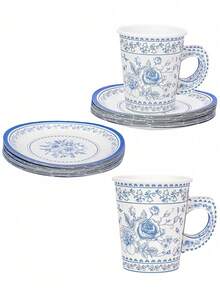 10pcs/40pcs Blue Floral Paper Tea Party Cup And Saucers Blue White Toile Teacups With Handle And Flower Botanical 5.5" Paper Plate For Tea Party Birthday Babe Bridal Shower Supplies - Multicolor - View 4