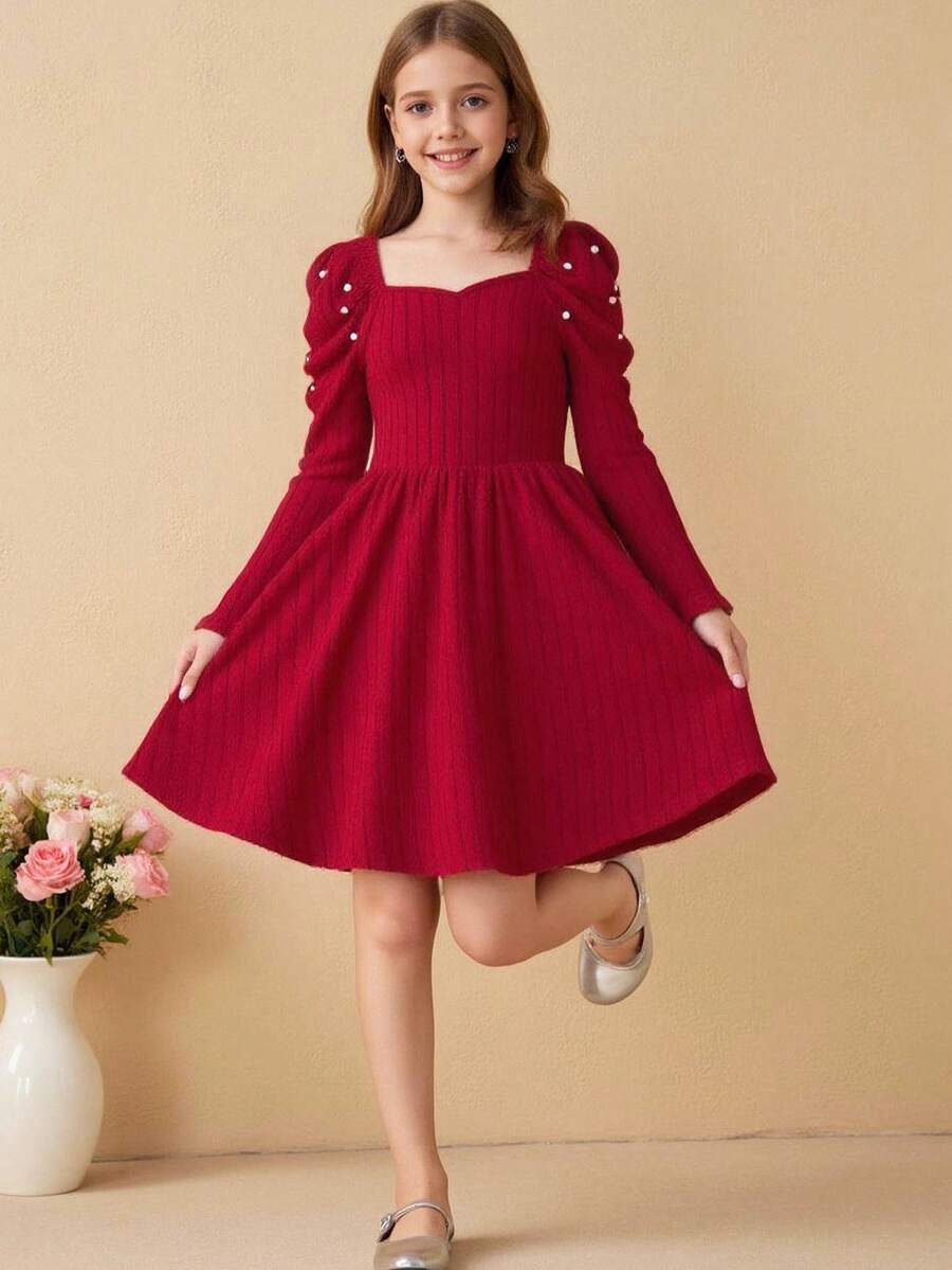 Elegant & Knitted Ribbed Square Collar Beaded Long Sleeve Fitted Dress For Teen Girl Spring/Autumn - White - View 1
