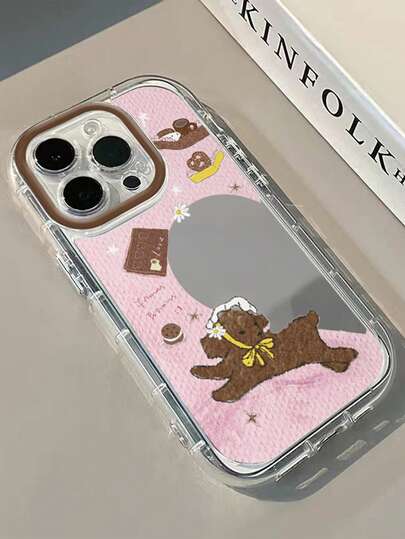 1pc Pink Heart & Brown Puppy Mirror Shockproof Phone Case, PC Hard Shell 1.5mm Dual-Layer Airbag Protection, Creative Perforated Design With Raised Camera Rim, Compatible With IPhone 17/17 Pro/AIR/17 Pro Max/16/16 Pro/16 Plus/16 Pro Max/15/11/12/13/14/16E/15 Pro/14 Pro/13 Pro/12 Pro/11 Pro/15 Pro Max/14 Pro Max/13 Pro Max/12 Pro Max/11 Pro Max