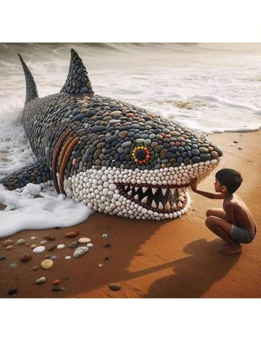 Poster With Creative Design Of Pea, Cobblestone, Shark And Toddler, Diamond Painting Kit For Wall Decoration, DIY, Round Diamond Print, Modern And Minimalist Bathroom Wall Decor, Canvas Art Poster And Wall Art Print, Modern Canvas With Thick Frame, Birthday And Graduation Gifts. - 藍色 - 查看 1