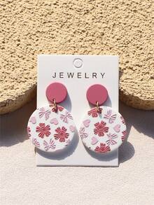 1对女士浪漫樱花小粉花心形印花陶瓷质感可爱亚克力圆形耳环 - 彩色 - 查看 1