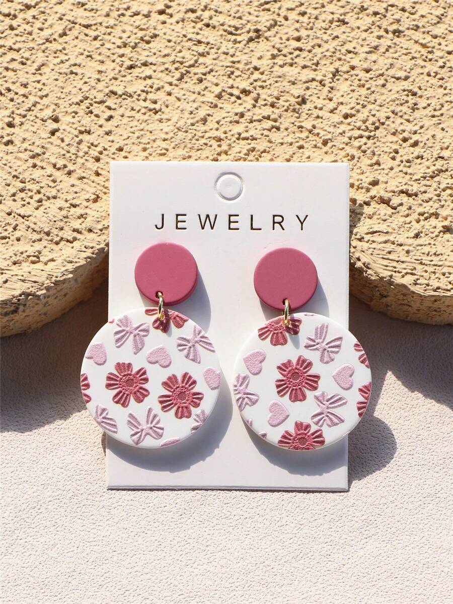 1对女士浪漫樱花小粉花心形印花陶瓷质感可爱亚克力圆形耳环 - 彩色 - 查看 1