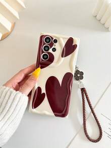 Cream Wavy Edged Glossy Red Heart Painted Anti-Drop Phone Case With Beaded Bracelet Accessory, Compatible With IPhone 17pro/17Air /17/17promax16/11/16pro/16plus/16promax/16e/15Promax/13/14/12/XS/XR/7G/8P, Galaxy, Redmi - Multicolor - View 6