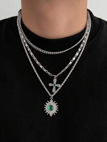 3pcs/Set Fashionable Punk Style Gemstone Pendant & Twisted Faux Pearl Chain, Suitable For Men's Daily Wear - Braided Chain Necklace - View 6