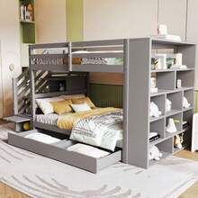 Bunk Bed 90*200 Cm, Safety Stairs With Storage Compartments, Storage Drawers And Large Lockers, High Railing Construction, Slatted Base, Pine Bed, Children's Bed, Youth Bed, White - 灰色 - 查看 3